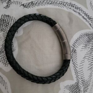 Black Braided Leather Bracelet with Silver Clasp